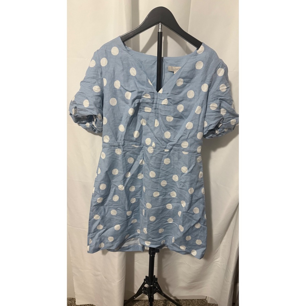 Loft Blue Polka Dot Linen Blend Puff Sleeve V-Neck Mini Dress Size 8 NEW